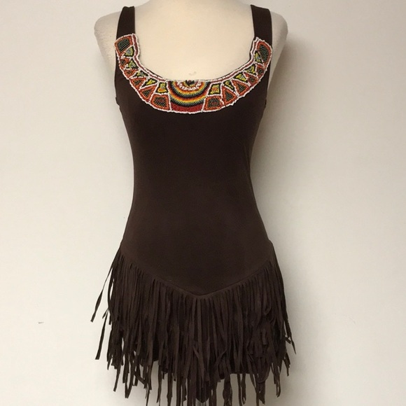 Dreamgirl Tops - Suede Style Fringe Beaded Tribal Boho Tank